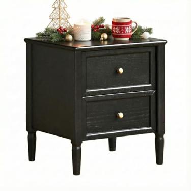 Imagem de YESWOOD Mesa de cabeceira de carvalho maciço, criado-mudo de fazenda com 2 gavetas, mesa de cabeceira baixa rústica, mesa de cabeceira moderna de meados do século, mesa de cabeceira pequena para