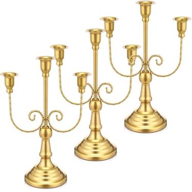 Imagem de Dandat 3 peças de castiçal de metal com 3 braços, castiçal alto, castiçal, castiçal, castiçal, igreja, festa de Natal (retrô, 29 cm, dourado)