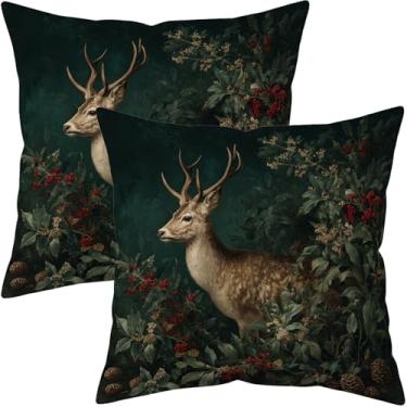 Imagem de Puacino Conjunto de 2 capas de almofada de veado de Natal 55 x 55 cm, capas de almofada decorativas de floresta rústica, capas de almofada impressas frente e verso para sofá-cama, decoração de cabana