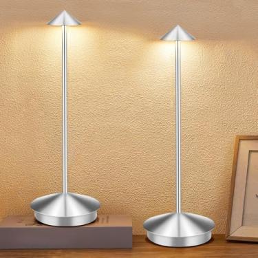 Imagem de XMINKDZA Candeeiro de mesa portátil de LED sem fio, pacote com 2, bateria recarregável de 6000 mAh, lâmpada de mesa externa para jantar, restaurante, pátio, quarto, acampamento, IP54, à prova d'água