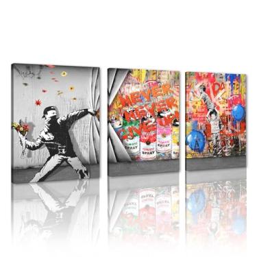 Imagem de Banksy Canvas Wall Art Street Graffiti Wall Art Colorful Street Art Poster Print Modern Graffiti Poster Arte para Sala de Estar Quarto, 30.5 cm x 40.6 cm x 3 Peças