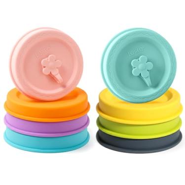 Imagem de Lelife Tampas de silicone para frascos de pedreiro, compatíveis com boca larga e regular, com furo de canudo e tampa (cores sortidas, 8 peças)