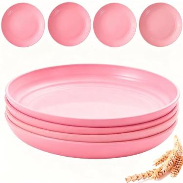 Imagem de Pratos de palha de trigo inquebráveis de 22 cm - 4 peças de conjuntos de pratos de salada leves, seguros para lava-louças e micro-ondas - Pratos de jantar de plástico reutilizáveis - perfeitos para