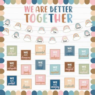 Imagem de QOUBAI Boho Affirmation Station Bulletin Board Set Motivational Together We are Better Quadro de avisos inspirador frases positivas recortes decoração de sala de aula para decoração de volta às aulas