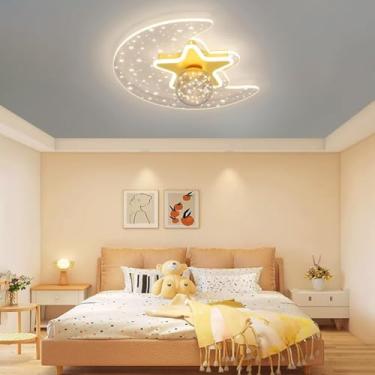 Imagem de Luminária de teto criativa para quarto infantil, com LED dimerizável e controle remoto, em formato de lua. Luminária moderna e decorativa, ideal para quartos de meninos e meninas.