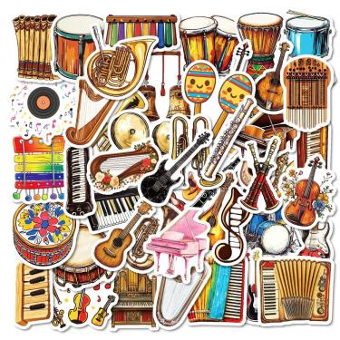 Imagem de Adesivos, 50 unidades/lote, vários instrumentos musicais, à prova d`água