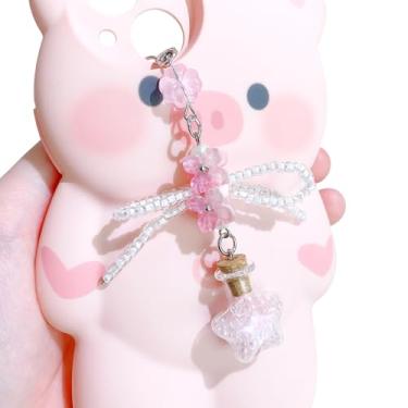 Imagem de AGEN KGEN Berloques de telefone com flores fofas pulseiras de cristal lírio do vale de cristal para celular acessórios para capa de telefone para mulheres (laços rosa)