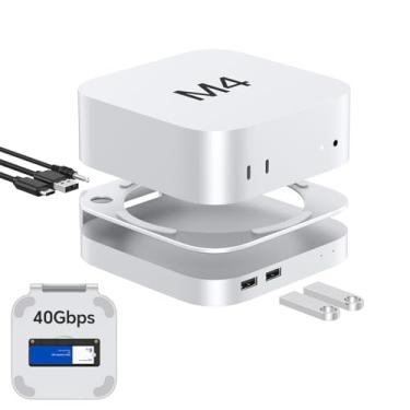 Imagem de GEWOKLIY Mini Dock e suporte para Mac de alumínio de 40 Gbps, hub USB 4 para Mac mini M4 e M4 Pro 2024 com gabinete SSD M.2 NVMe de 40 Gbps, triplo USB A 2.0, acessórios de conector de áudio de 3,5 mm