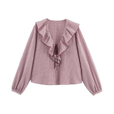 Imagem de Camisa Feminina De Manga Longa Com Estampa Xadrez Vermelha Outono 2025