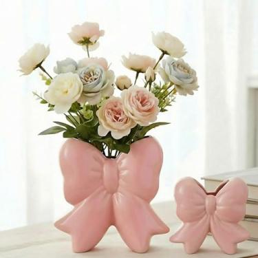 Imagem de Jingmore Porta-canetas para vaso de cerâmica rosa coquete com laço e pincel de maquiagem, design contemporâneo, presente feminino decorativo para Natal, casa, escritório, prateleira, sala de mesa