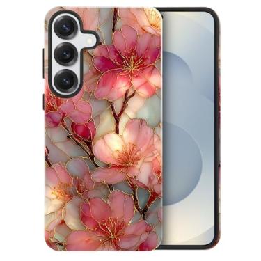 Imagem de heindiy Compatível com Samsung Galaxy S25, capa brilhante, proteção total, à prova de choque, anti-arranhões, capa de TPU, capas para homem, mulher, flores rosa, vitrais