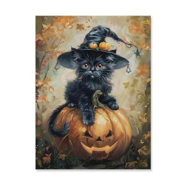 Imagem de HouLaiZhe Pôster de Halloween Gato Preto Abóbora Chapéu de Bruxa Impressões de Arte de Parede Decorações de Halloween Decoração de Parede Estética Gótica para Sala de Estar Quarto 18 x 24 polegadas