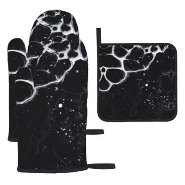 Imagem de Textura de mármore – Conjunto de cozinha essencial de 3 peças, luvas seguras para calor e aderência de tampa, proteção para churrasco no forno, design de armazenamento suspenso.