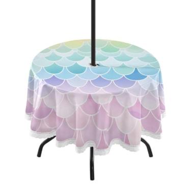 Imagem de CEBUGI Toalha de mesa redonda para uso ao ar livre, escala colorida, impermeável, com furo Umberlla, capa de mesa lavável para pátio, cozinha, sala de jantar, 152 cm