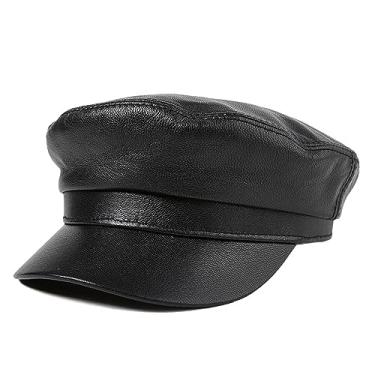 Imagem de uhyOHF Chapéu de marinheiro capitão marinheiro de couro boné violinista boné táxi boina chapéu de pescador grego unissex (preto-G