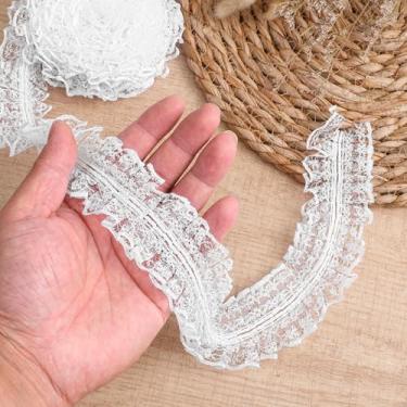 Imagem de WJIAAA Acabamento de babados de renda branca, 4,6 cm x 10 metros, borda de camada dupla, fita de nylon com babados para artesanato, costura, faça você mesmo