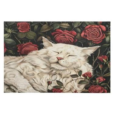Imagem de Tapete de área 60 x 90 cm macio lavável tapete antiderrapante com suporte de borracha tapetes de área de rosas de gato branco para sala de estar, quarto, decoração de casa