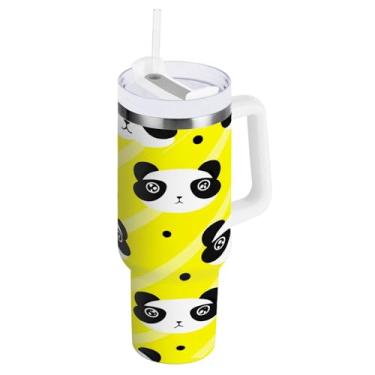 Imagem de CEBUGI Copo de 1,134 g com alça copos isolados com tampa e canudo Garrafa de água reutilizável de aço inoxidável à prova de vazamento caneca de café de viagem fofo Pandas