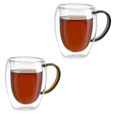 Imagem de Kit Conjunto 2 Xícaras de Vidro Borossilicato Parede Dupla 350ml Transparente com Alça Colorida - 1 Preta e 1 Marrom