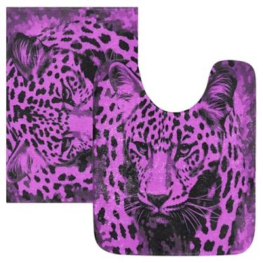 Imagem de Burbuja Conjunto de tapete de banheiro leopardo roxo, tapete de banho absorvente de pelúcia macio, base de vaso sanitário antiderrapante para banheiro