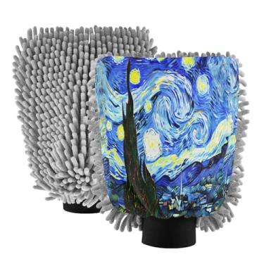 Imagem de STAYTOP Luvas de lavagem de carro estilo Van Gogh céu estrelado, 2 peças, luvas de microfibra de chenille, sem arranhões, panos de esponja de lavagem ultra absorventes para carros, limpeza doméstica