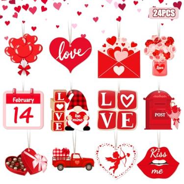 Imagem de Arosche Ornamentos de árvore para o dia dos namorados, 24 peças, corações, gnomos, caminhão, enfeites de árvore de madeira, feliz dia dos namorados, decorações para pendurar em casa, manto de
