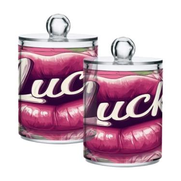Imagem de STAYTOP 2 frascos de boticário sexy com lábios vermelhos para banheiro com etiquetas – recipiente de armazenamento Qtip de plástico transparente para bola de algodão, cotonete, grão de café