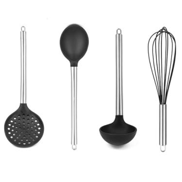 Imagem de Nakagawa Kit 4 Peças Utensílios de Cozinha Madri, Silicone com Cabo Inox Preto, Escumadeira Colher Concha Batedor, Resistente ao Calor