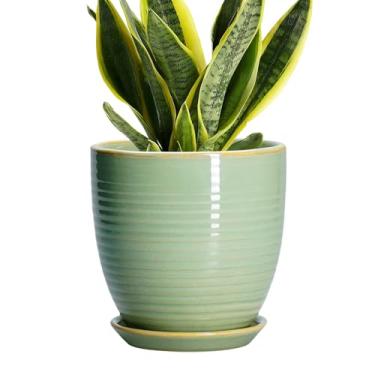 Imagem de EPFamily Vasos de cerâmica para plantas - Vaso de plantas de 15 cm com orifício de drenagem e pires, vasos de flores, presentes para amantes de plantas, decoração de sala de escritório em casa, verde