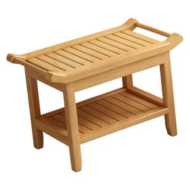 Imagem de KiBcsLic Banco de Chuveiro/banquinho para Banheiro com Barras de Apoio, Impermeável, Prático, Estável, de Madeira, com Prateleira de Armazenamento, Cor da madeira curvada