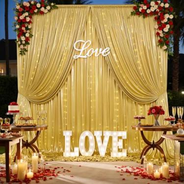 Imagem de Cortina de fundo de lantejoulas douradas de 50 x 25 cm com luzes, sem vincos, com glitter, para festas de casamento, eventos, decoração de Halloween, 4 painéis, 1,5 x 3 m, fundo de cabine de fotos