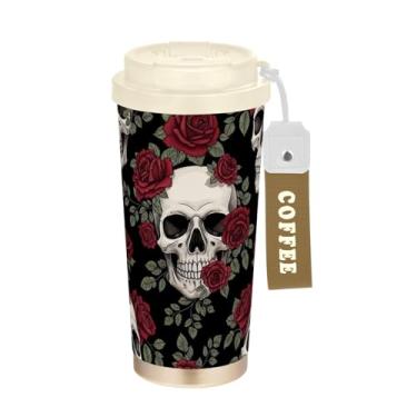 Imagem de TSENQUE Caneca de café de viagem 40 ml com canudo e tampa, caneca de café de aço inoxidável à prova de vazamento para escritório, escola, festa, acampamento, estampa floral de caveiras engraçadas
