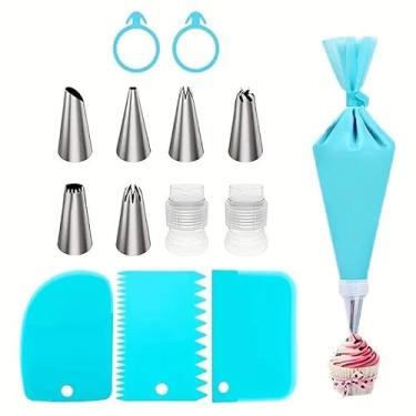 Imagem de Kit de decoração de bolo de 14 peças, conjunto de sacos de confeitar e pontas reutilizáveis com 6 pontas de aço inoxidável, 1 saco de confeitar, 2 acopladores, 2 anéis de silicone e 3 raspadores