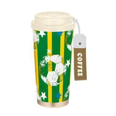 Imagem de Caneca de viagem de café 40 ml com canudo e tampa, revestimento cerâmico isolado a vácuo copo de café de aço inoxidável à prova de vazamento, listras verdes amarelas futebol americano