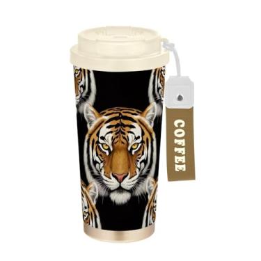 Imagem de TSENQUE Copo de café de 473 ml com tampa de canudo e filp, caneca de café de aço inoxidável isolada a vácuo com revestimento cerâmico, à prova de vazamento, aquarela tigres preto