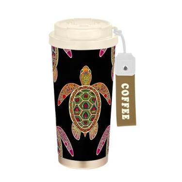 Imagem de TSENQUE Caneca de café de viagem de 473 ml com canudo e tampa, copo de café de viagem de aço inoxidável à prova de vazamento para escritório, escola, festa, acampamento, tartarugas coloridas, preto