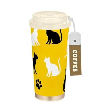 Imagem de Caneca de viagem de café 16+ Oz, copo de café com revestimento cerâmico com tampa e canudo, copo isolado a vácuo de aço inoxidável, impressões de gato preto e branco