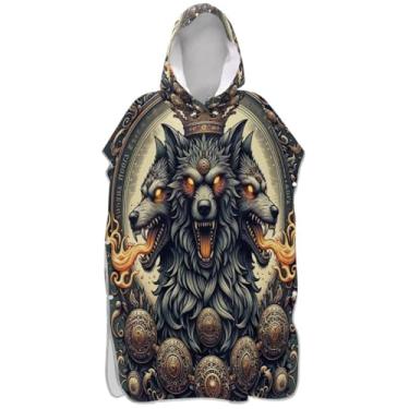 Imagem de Joisal Poncho de surfe para adultos trocador de roupa de praia com capuz toalha de banho reutilizável ponchos de praia para homens lobo legal vintage cinza