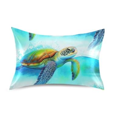 Imagem de Fronhas de cetim estampadas refrescantes arte fofa rei queen padrão fronha de cama fronha tamanho queen 76.2 cm x 50.8 cm vintage tartaruga marinha azul