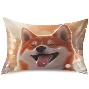 Imagem de Playful Shiba Inu Capa de almofada de cetim com estampa de inverno capas de travesseiro padrão Queen King estampa animal quarto estética, tamanho Queen, 76 cm x 50 cm