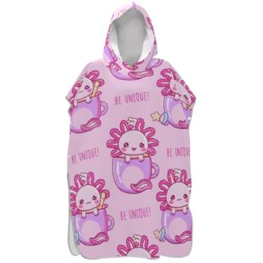 Imagem de Joisal Poncho de surfe trocador de roupão para praia Adul toalha de banho com capuz leve bonito desenho animado rosa axolotls ponchos femininos com capuz