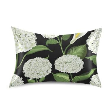 Imagem de Fronhas brancas de cetim verde com flores de hortênsia para o cabelo, capa de travesseiro de cama personalizada King Queen tamanho padrão 66 x 50 cm
