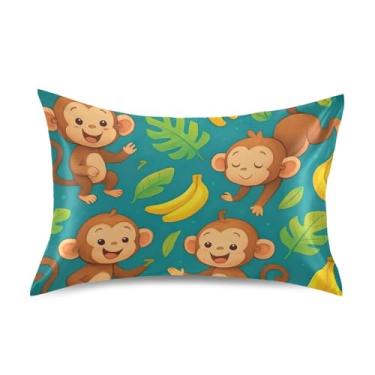 Imagem de Cute Monkeys Bananas Verde Cetim Fronhas Engraçadas Estampa Floral Refrescante King Queen Travesseiros Padrão Deslizamento Macio Cama Travesseiro Slip King Size 101.6 cm x 50.8 cm