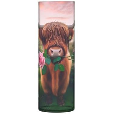 Imagem de Highland Cattle Valentine Vaso cilíndrico de vaca rosa para mesa vasos altos decorativos para flores, decoração floral personalizada para sala de estar, 30 cm x 9,9 cm