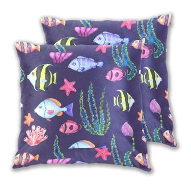 Imagem de Joitme Conjunto de 2 capas de almofadas coloridas de peixe de desenho animado fofo azul marinho, fronhas de sofá grandes para sala de estar, 50 x 50 cm, 2 peças