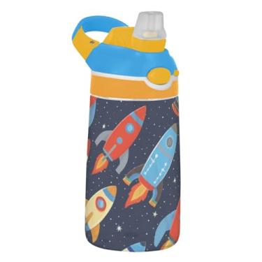 Imagem de Garrafa de água azul retrô Rockets para crianças 473 ml garrafa de água de plástico portátil com tampa de canudo 473 ml Tritan copo de viagem infantil à prova de vazamento reutilizável, alça de