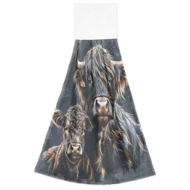 Imagem de Joitme Toalhas de mão Highland Cow and Calf Spring com laços para pendurar toalhas de chá de forno macias absorventes conjunto de 2, toalha de secagem de cozinha fofa 47 x 35 centímetros