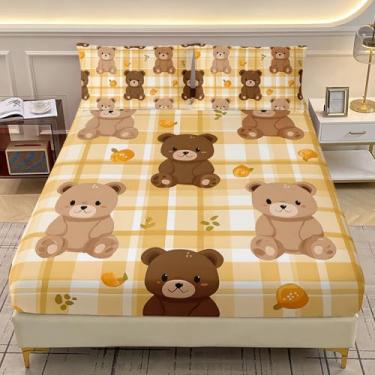 Imagem de AILONEN Jogo de lençol Queen com urso de pelúcia kawaii, urso fofo de brinquedo, para crianças e meninas, lençol de cama xadrez amarelo com 2 fronhas - 3 peças