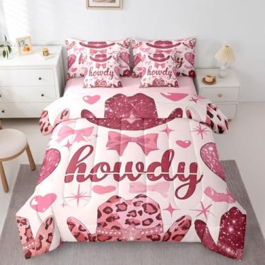 Imagem de Erosebridal Conjunto de cama feminino de 7 peças, estilo faroeste, para adolescentes e crianças, chapéu de vaqueira rosa, cama em uma bolsa, edredom fofo de caubói ocidental com lençóis, enchimento de