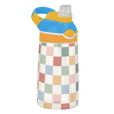 Imagem de Garrafa de água retrô Rainbow Checkerboard infantil 473 ml garrafa de água de plástico portátil com tampa de canudo 473 ml Tritan copo infantil à prova de vazamento reutilizável, alça de transporte